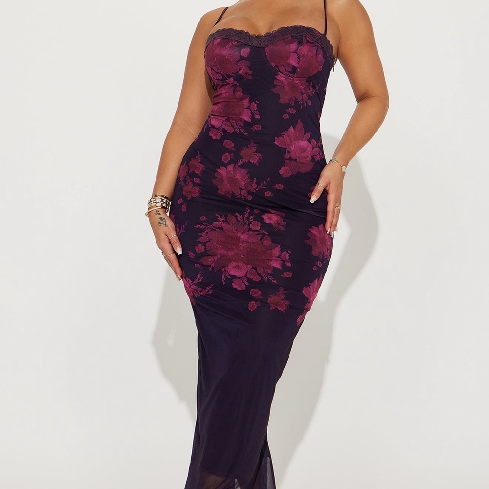 Fashion Nova Strapless Maxi Dress in Dark Plum with Pink Floral Print